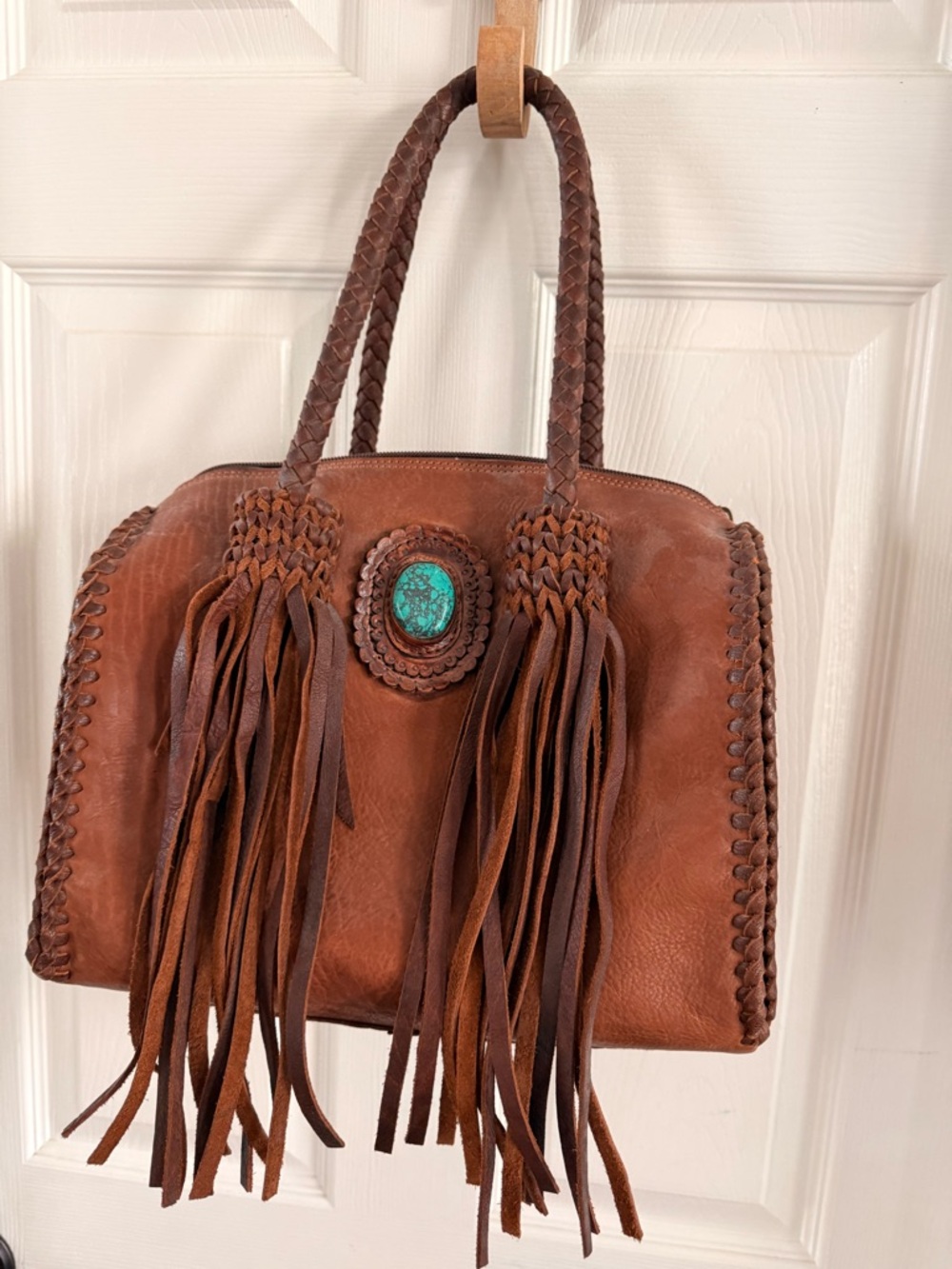 American Darling Brown Leather Fringe Tote with Turquoise Accent